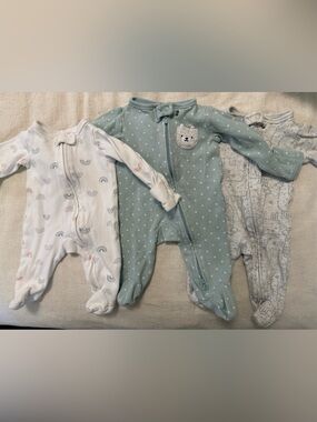 Carters newborn Cotton Footed One-Piece Sleepers - White, Sage, Light Gray
